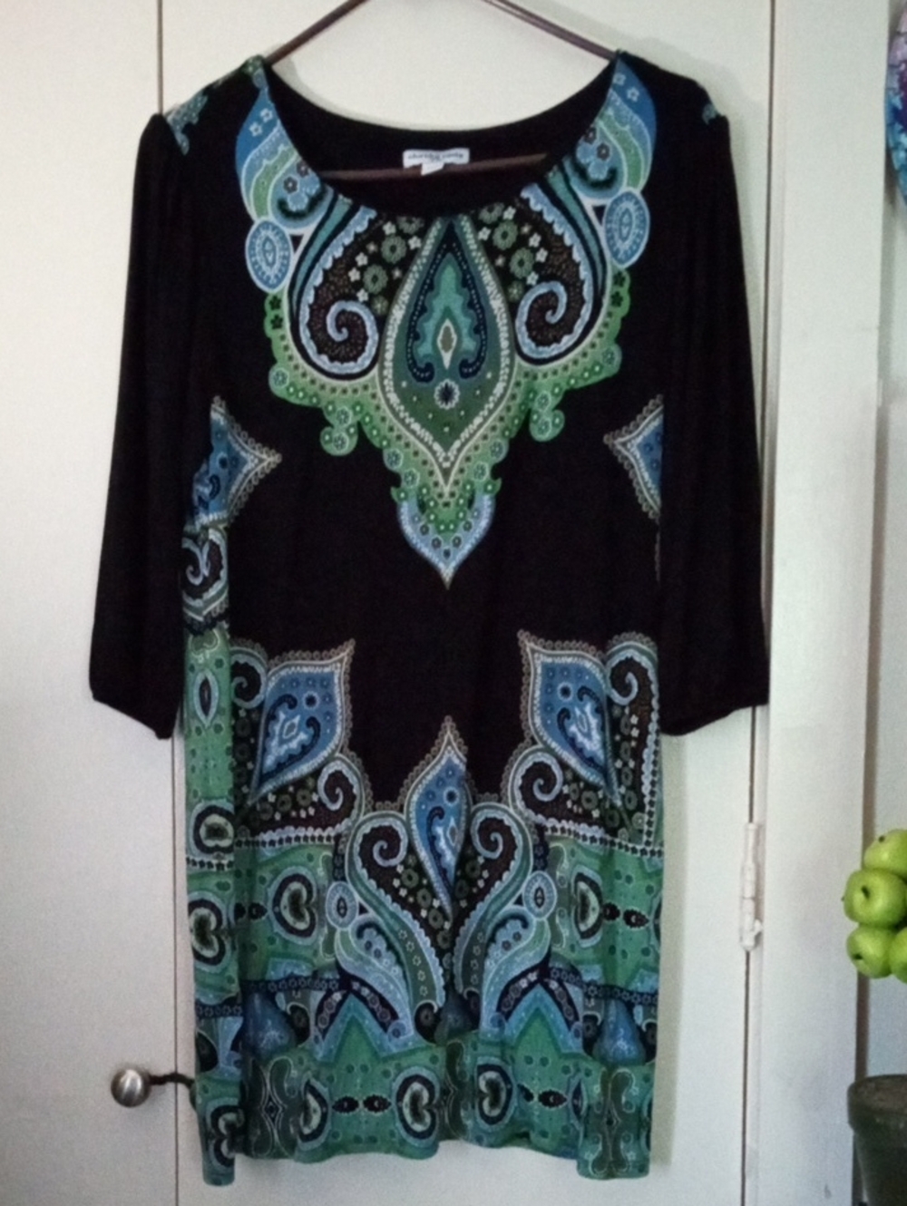 Black Cha Cha Vente Dress with Bold Turquoise and Green Paisley Motif Large